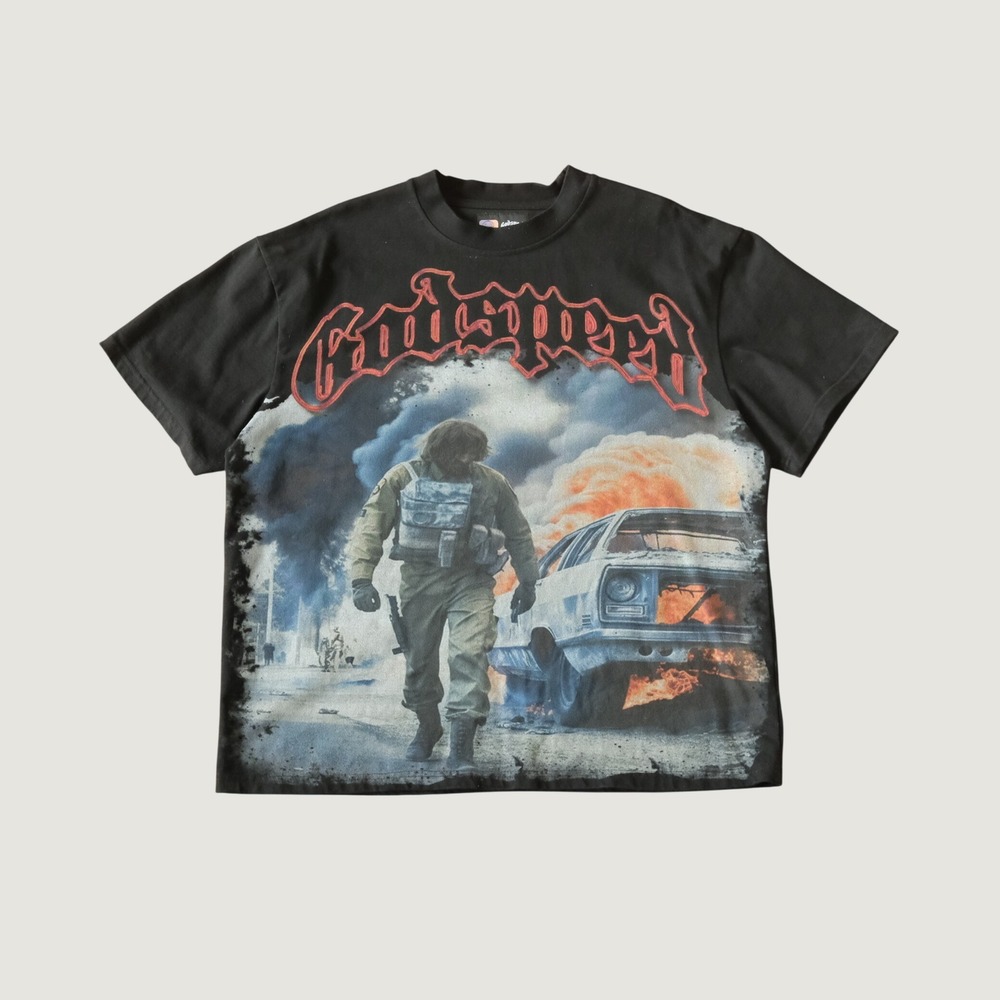Godspeed Graphic Tee Mens Black Soldier Burning Car Streetwear Size M Shirt